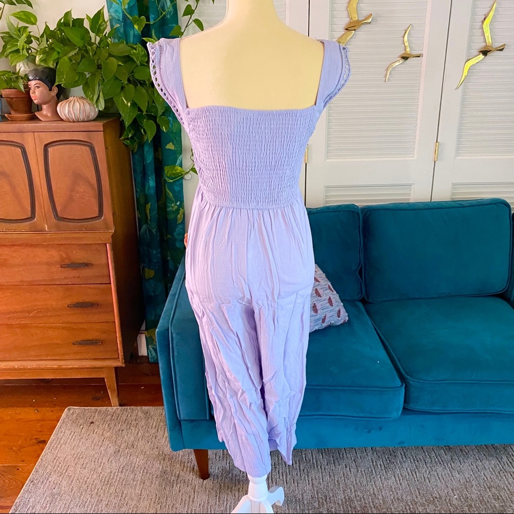 Entro | Layla Solid Smocked Cropped Jumpsuit Crochet Lilac Linen Purple Large - Picture 10 of 13
